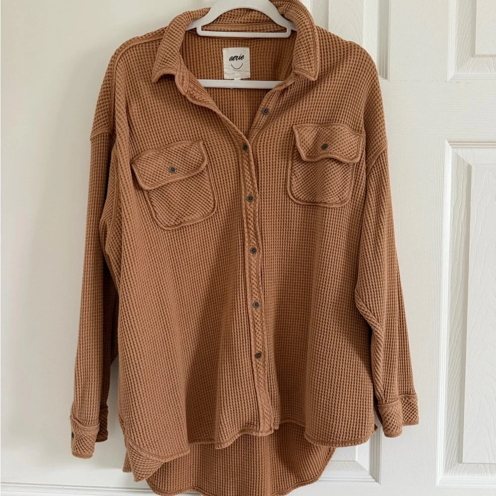 Aerie Lumber Jane Waffle Shirt Shacket Tan Brown Button Medium Oversized - Picture 3 of 5